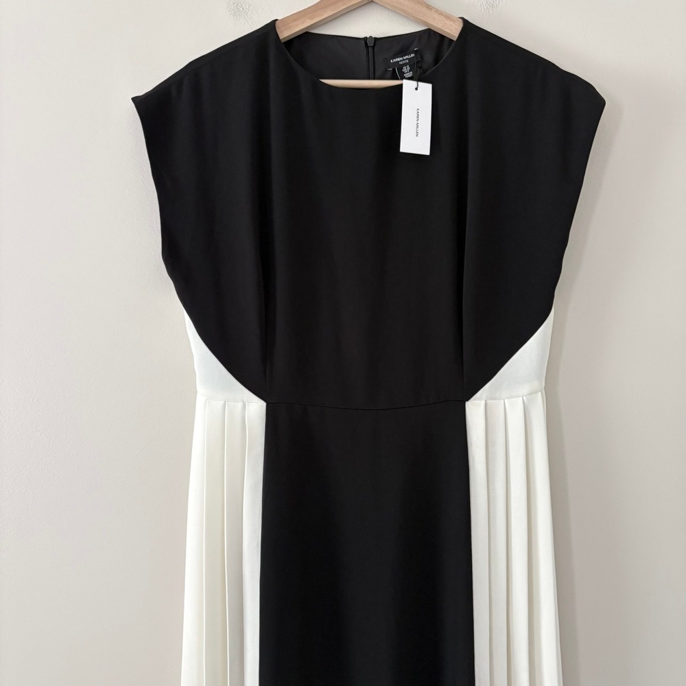 Karen Millen Dress Petite Contrast Pleated Panel Skirt Midi 8 Black Ivory Mono - Picture 5 of 16